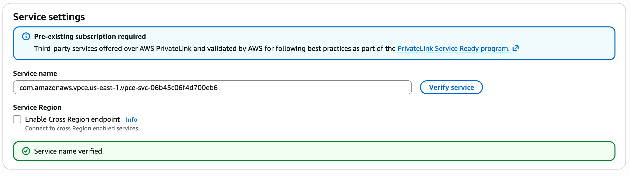 AWS endpoint service settings