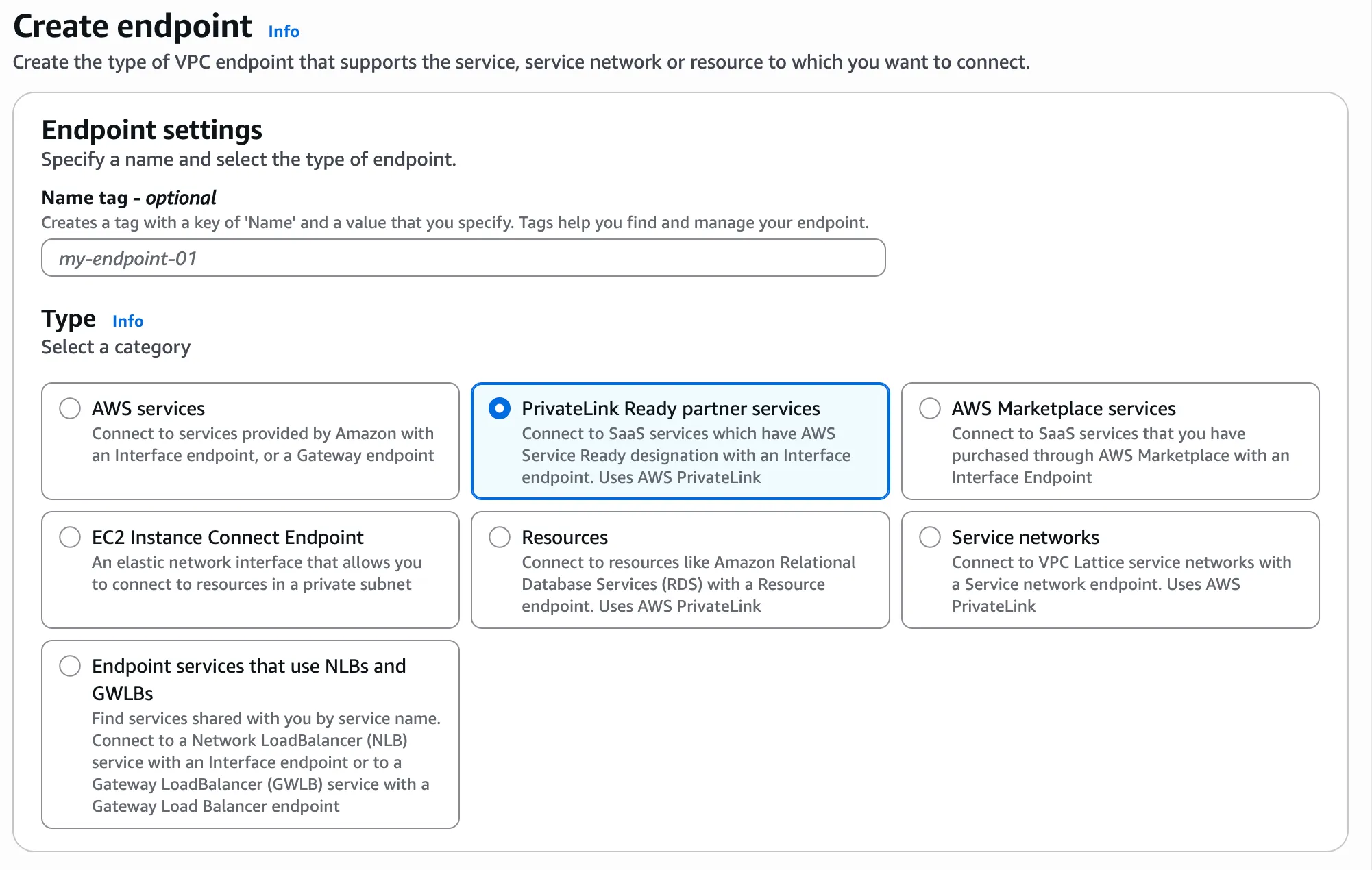 AWS create endpoint settings