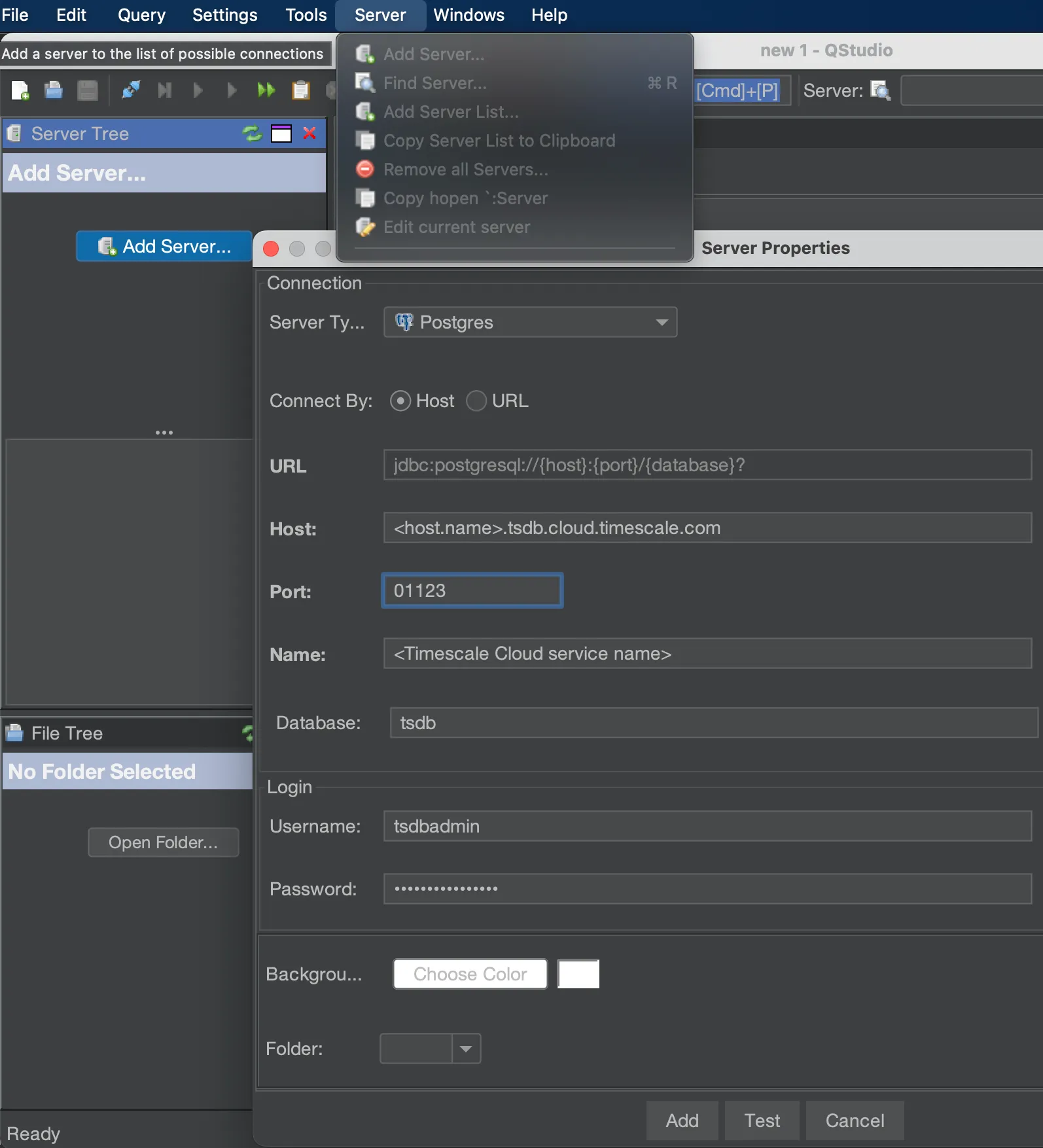 qStudio connected to a Tiger Cloud service