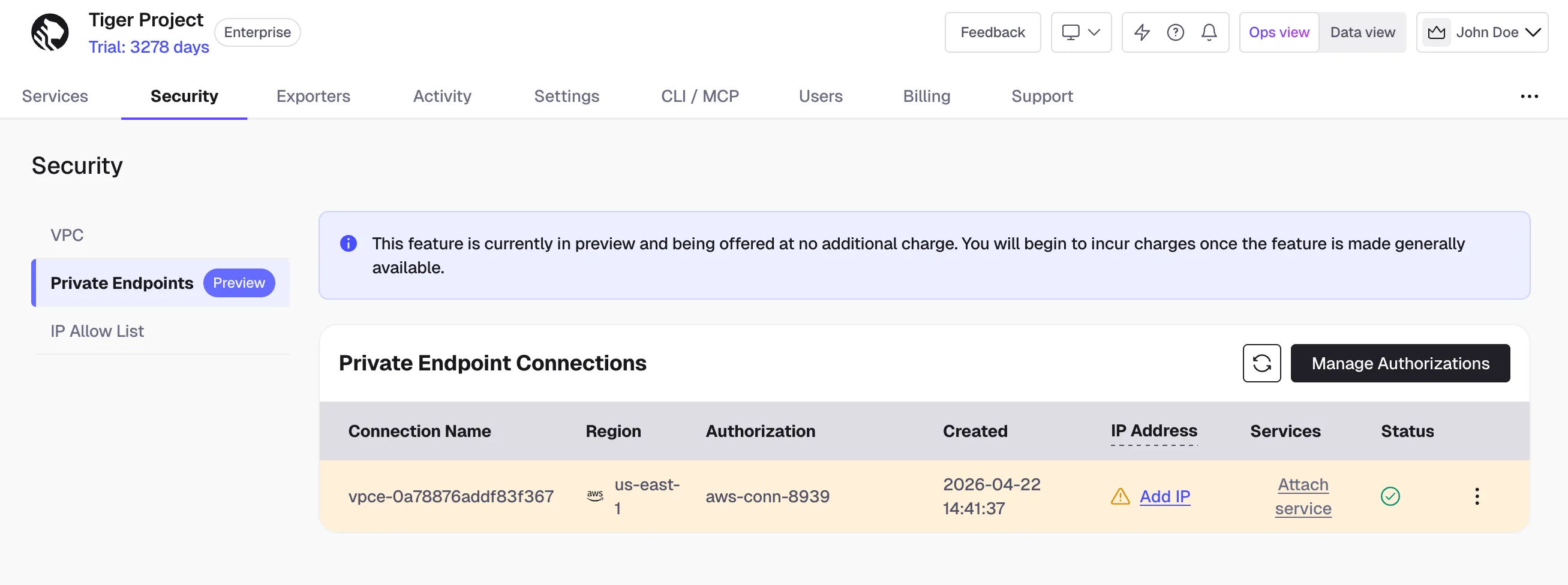 Authorized Private Endpoint connection in Tiger Cloud