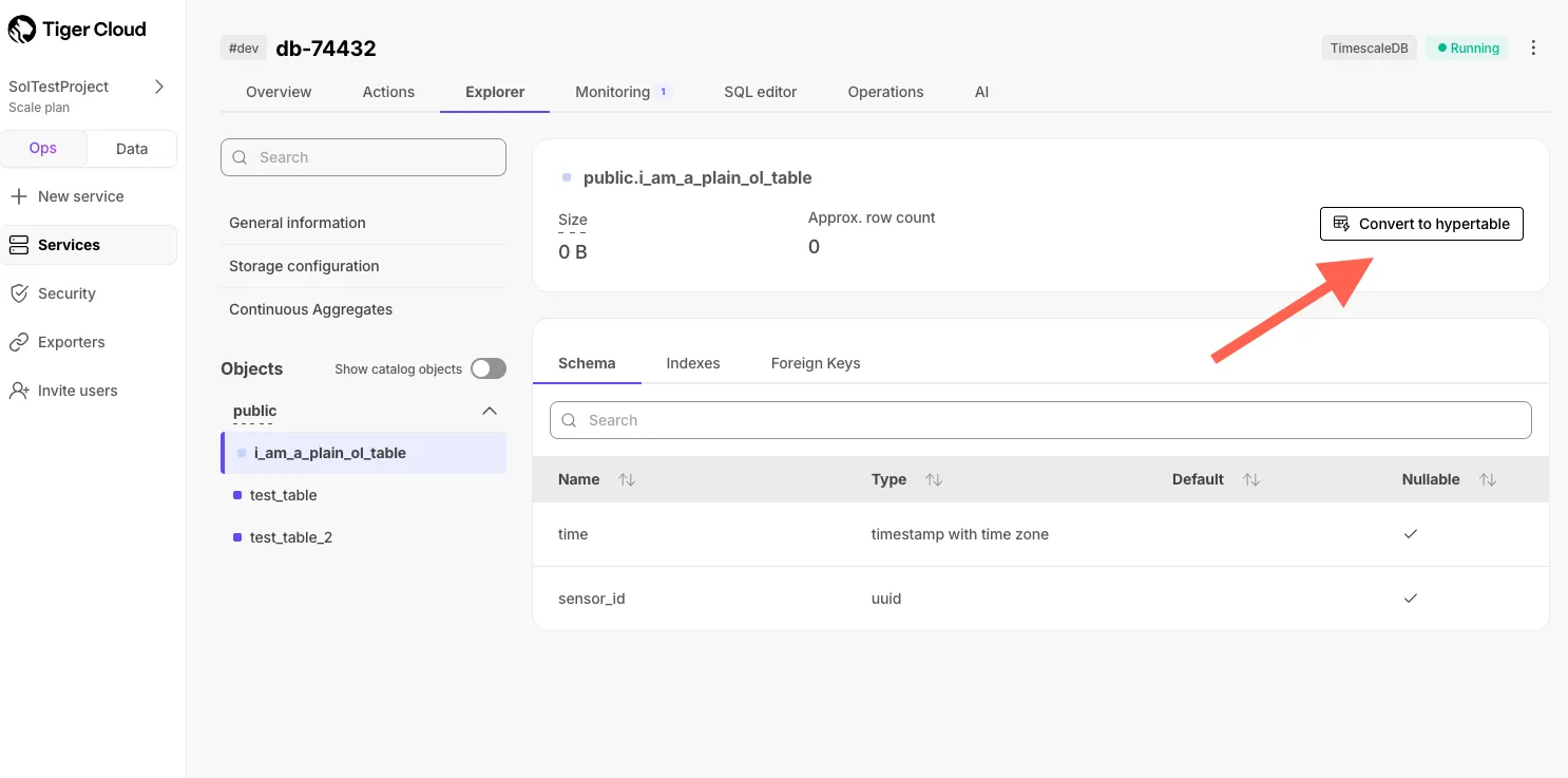 Transform a table to a hypertable