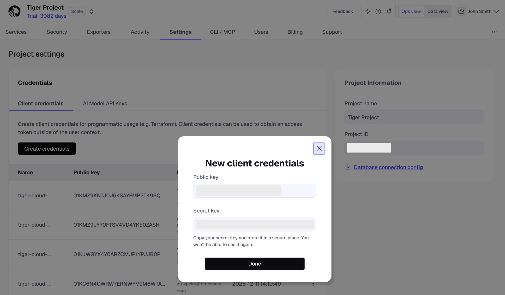 Creating client credentials in Tiger Console