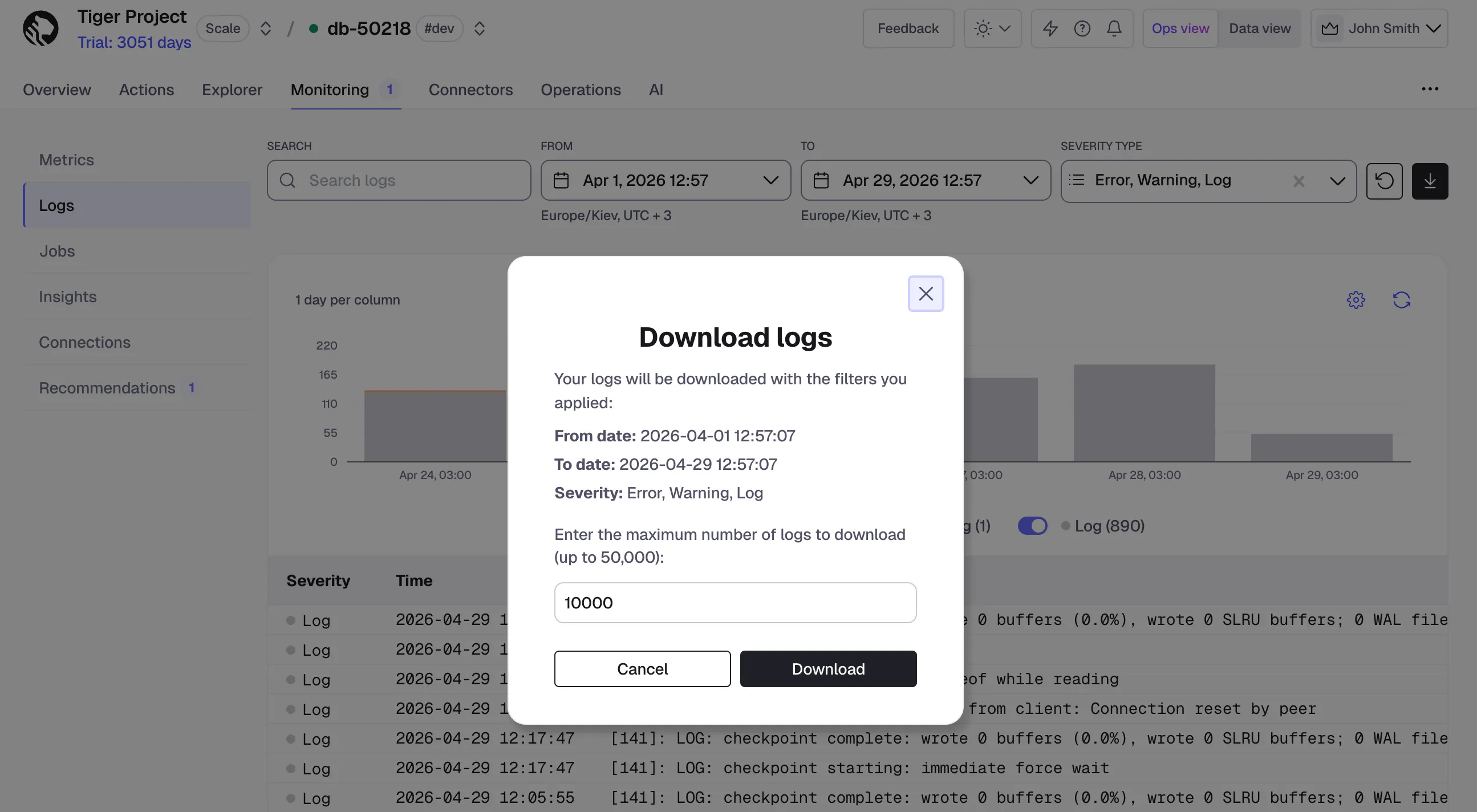 Download logs as CSV from the Tiger Console Logs page