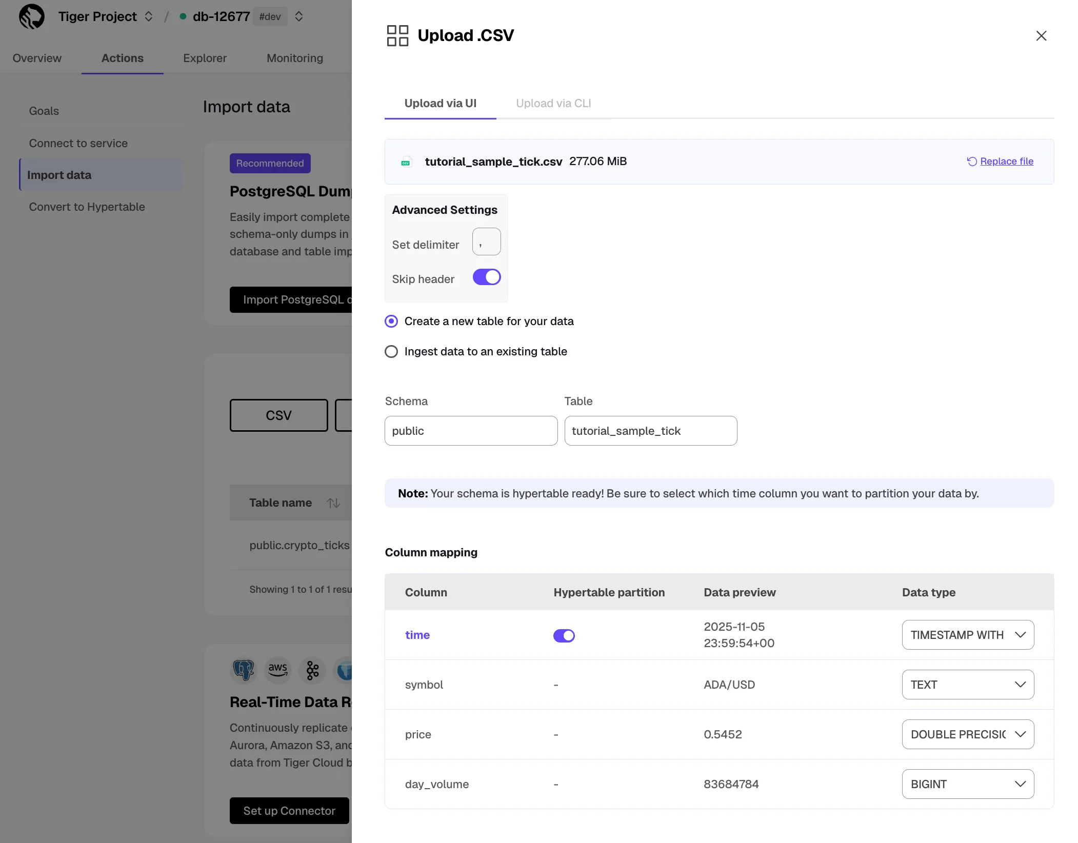 Configuring CSV file import settings in Tiger Console