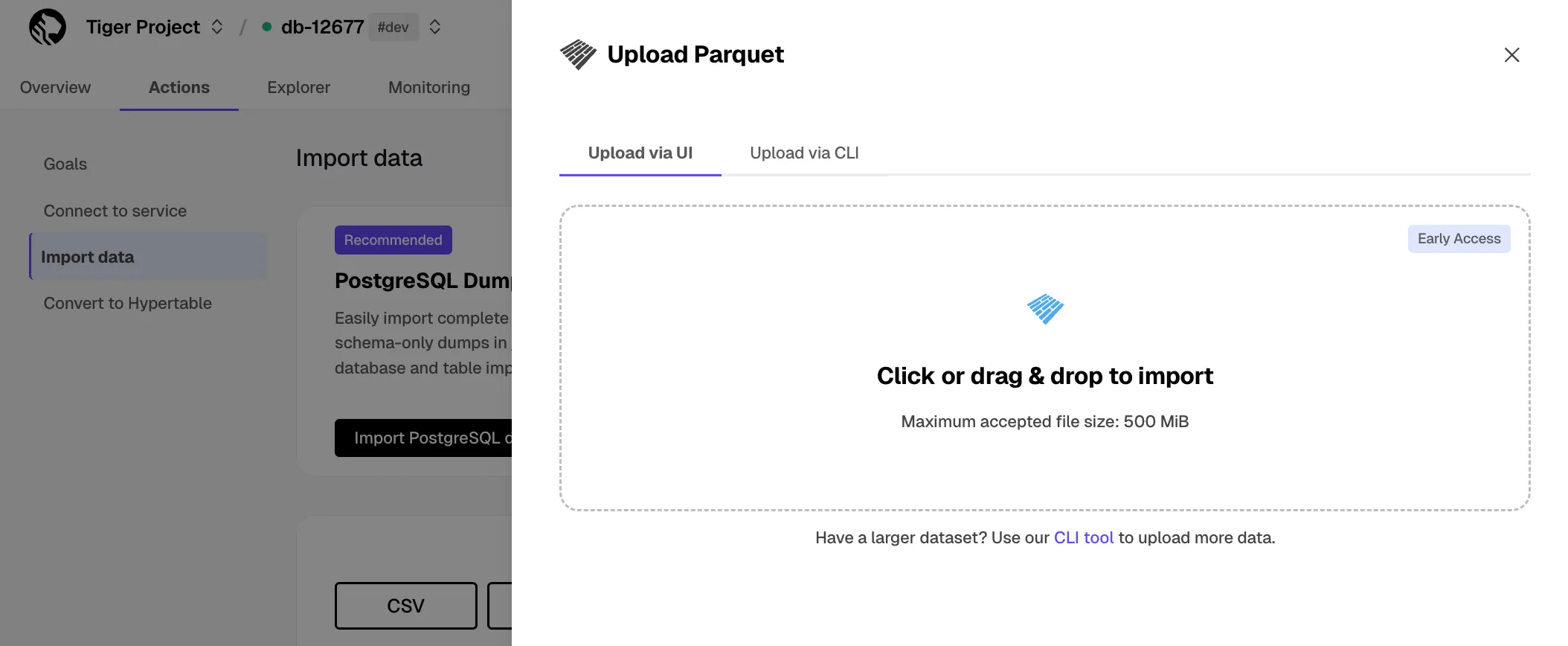 Uploading a Parquet file in Tiger Console