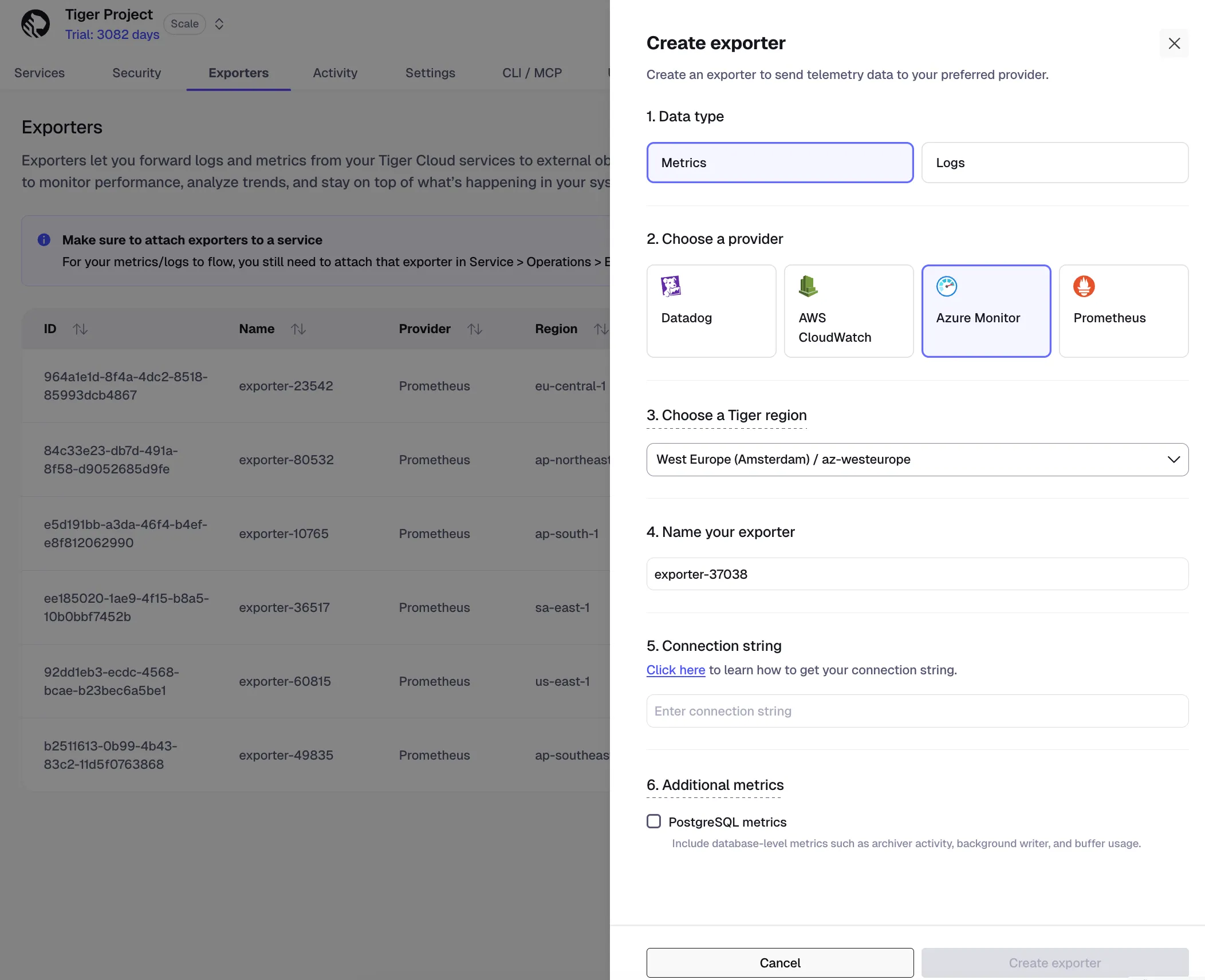 Adding an Azure Monitor exporter in Tiger Console