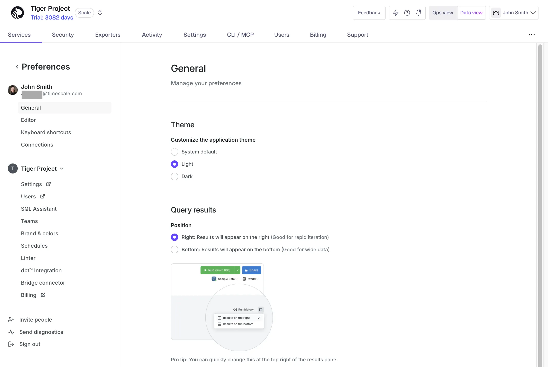 SQL assistant settings in Tiger Console