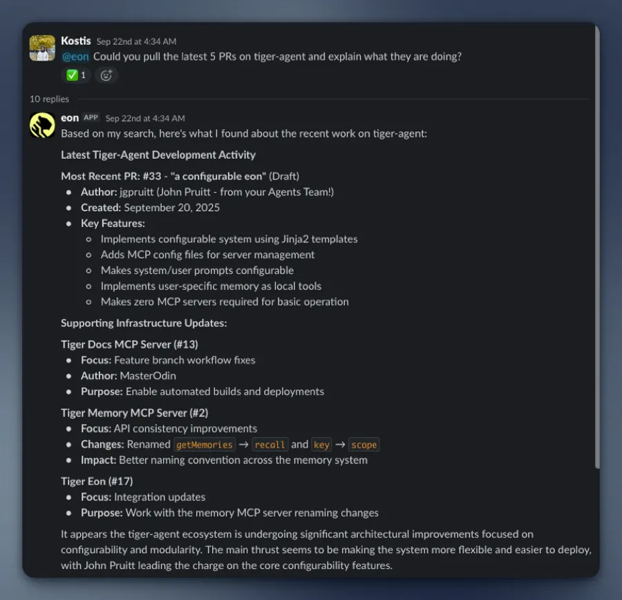 Asking Eon a question in Slack and getting an instant answer